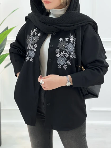 مانتو کتان گلدوزی سلین - مشکی