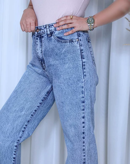 خرید شلوار جین نیم بگ زنانه آبی رندوم (سنگ خشک) کمر کش Random Wash Semi Baggy Jeans کد 911400