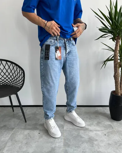 شلوار مام فیت ابی روشن ساده PULL AND BEAR