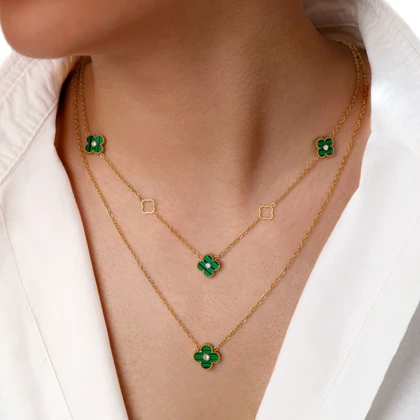 گردنبند استیل ونکلیف چند لاین سبز طلایی