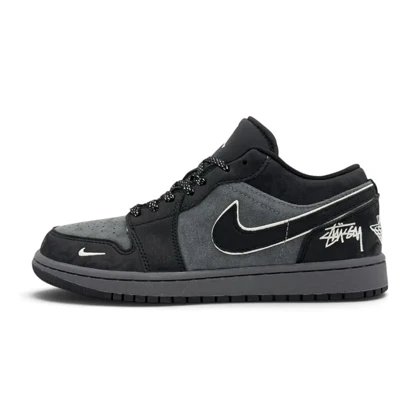 کتانی ویتنامی نایک ایر جردن وان لو استوسی کاستوم مشکی طوسیNike Air Jordan 1 Low Stussy Custom blackGrey