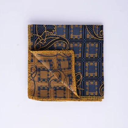 ست کراوات و پوشت جیبی ترمه سورمه ای و زرد 1267