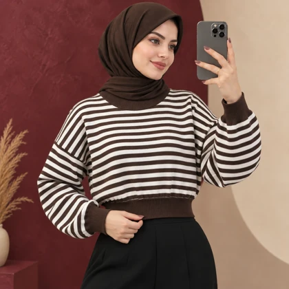 بلوز بافت کراپی راه راه ایلای کد 6066