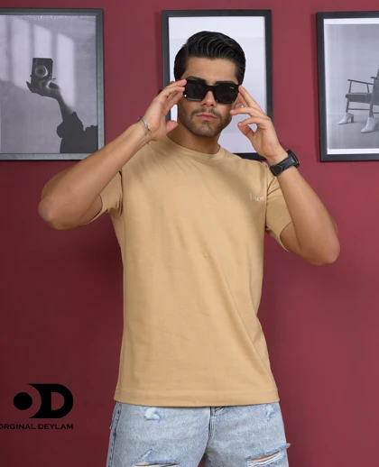 تیشرت مردانه موکا کرمی دیور پنبه ماکان نیمه لش گرماژ بالا