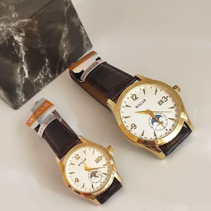 ست ساعت مچی آنالوگ WALAR طلایی (سایز مردانه و زنانه) – بند چرمی قهوه‌ای و نمایش ماه