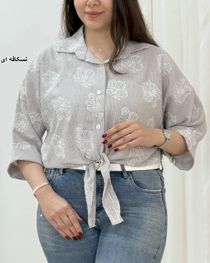 شومیز گره‌ای راه راه گچی کد محصول 1645
