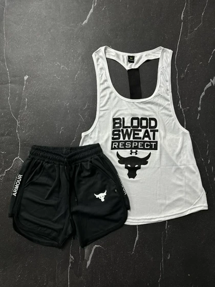 پکیج کد E985 شامل رکابی پشت کش + شلوارک غواصی با تم سفید و نوک مدادی 👌