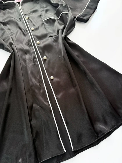 لباس خواب پیراهن ساتن نواردوزی مشکی