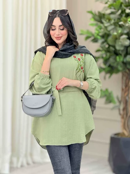 مانتو گلدوزی جلوبسته کمردار