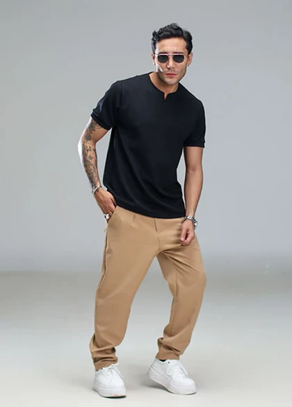 تیشرت آستین کوتاه یقه کوبایی مشکی مردانه مدل Asam