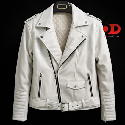 جکت چرم سفید یقه انگلیسی زیپ کج باکسی اولد مانی پایین گتر