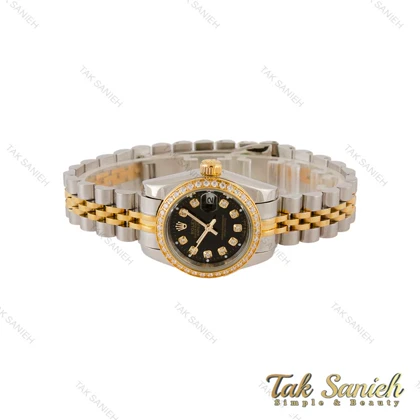 ساعت رولکس زنانه دورنگ طلایی صفحه مشکی دورنگین Rolex-5403-L