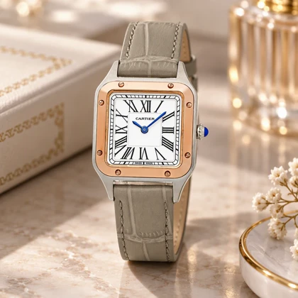 کارتیه سانتوس دموند زنانه دورنگ رزگلد بند طوسی اسمال Cartier-7916-L