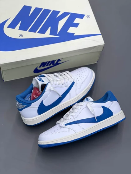 کتانی ویتنامی نایک ایر جردن وان لو تراویس اسکات فراگمنت سفید آبی Nike Air Jordan 1 Low Travis Scott x Fragment