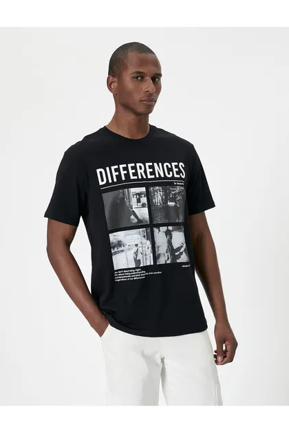 تیشرت یقه کوتاه نخی با چاپ شعار 4SAM10291HK