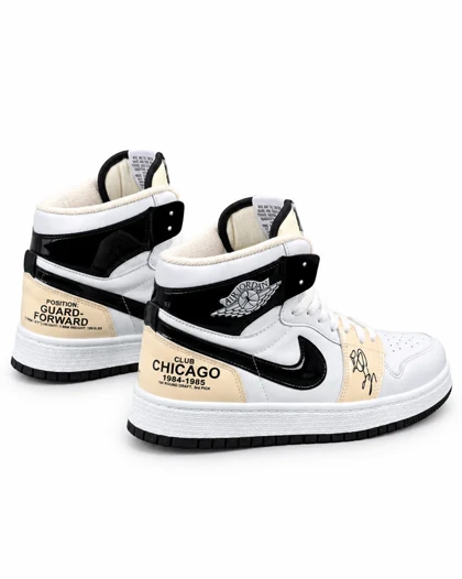 کفش کتانی مردانه مدل جردن وان ساق‌دار سفید کرم مشکی ورنی Nike jordan1