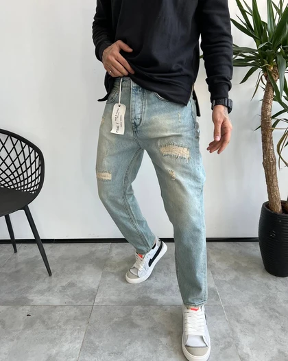 شلوار مام فیت آبی یخی کثیفشور زاپ‌دار RAG&BONE