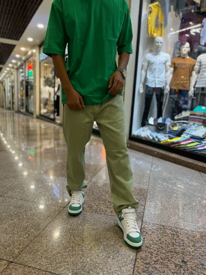 شلوار بگ کتان رنگ سبز صابونی بسیار خاص-قد 108 سانتی متر