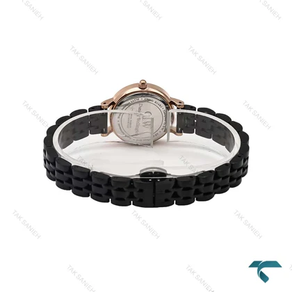 ساعت مچی DW زنانه مینی گرد رزگلد بند مشکی DW-6764-L