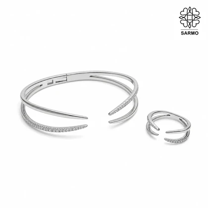 ست بنگل و انگشتر نگین‌دار خطی نقره ای HGH کد 312050146