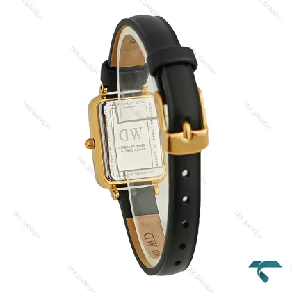 ساعت DW زنانه مستطیلی طلایی بندچرم صفحه سفید نگین‌دار DW-8026-L