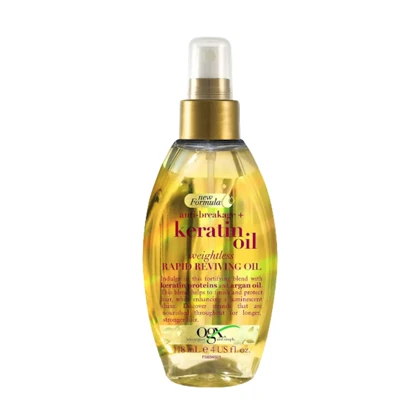 روغن مو تغذیه‌کننده و درخشان‌کننده او جی ایکس Keratin Oil مناسب برای همه موها حجم 118 میلی‌لیتر