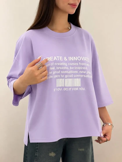 تیشرت باکسی اورسایز رنگی چاک‌دار طرح CREATE & INNOVATE آلما