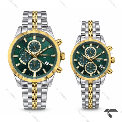 ساعت سیکو ست کرنوگراف دورنگ طلایی صفحه سبز Seiko-11448-S