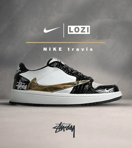کفش کتانی مردانه و زنانه مشکی سفید طلایی NIKE travis scott مدل 7483