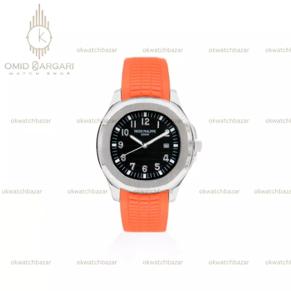 ساعت مچی پتک فیلیپ آکوانا بند رابر نارنجی صفحه مشکی Patek Philippe Aquanaut