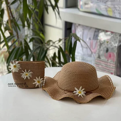 کلاه و کیف حصیری دخترانه طرح بابونه