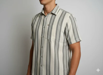 پیراهن مردانه آستین کوتاه راه راه کنفی طوسی روشن 716