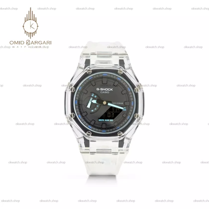 ساعت مچی کاسیو جی-شاک بند شیشه ای صفحه مشکی عقربه آبی Casio G-SHOCK