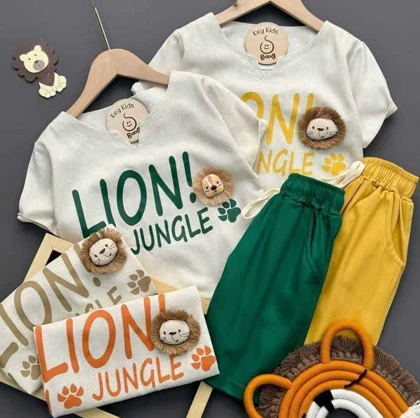 تیشرت شلوارک دخترانه لینن طرح شیر