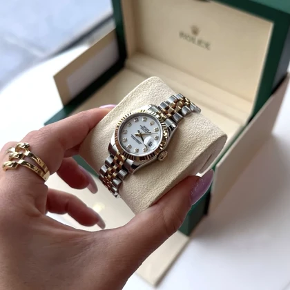 ساعت رولکس دیت جاست زنانه دورنگ طلایی صفحه سفید ایندکس نگین Rolex Datejust