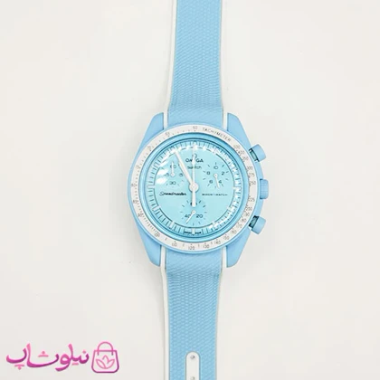 ساعت امگا سواچ moonswatch با بند رابر زنانه مردانه رنگ آبی سفید کیفیت مستر کد 3750