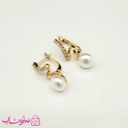 گوشواره ژوپینگ نگین‌دار طلایی با مروارید سفید