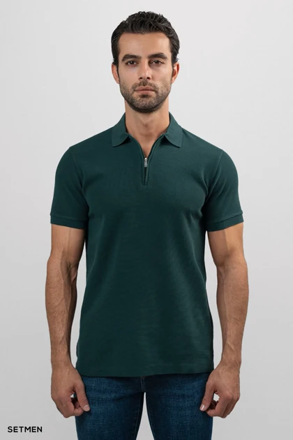 تیشرت یقه نیم زیپ سوزنی ساده