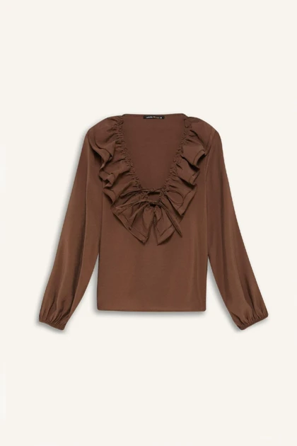 به طور منظم Frilled Frillec V -Neck Basic Flat Sleeve آستین بلند E3393AX24WN