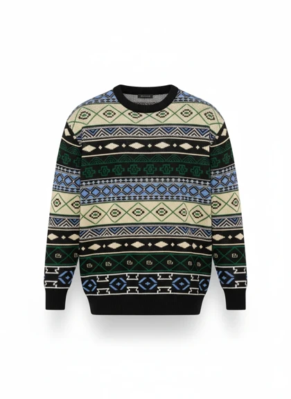 پلیور بافتنی وینتیج رنگ سبز و کرم و ابی طرح سنتی ایرانی فوق‌العاده شیک باکسی