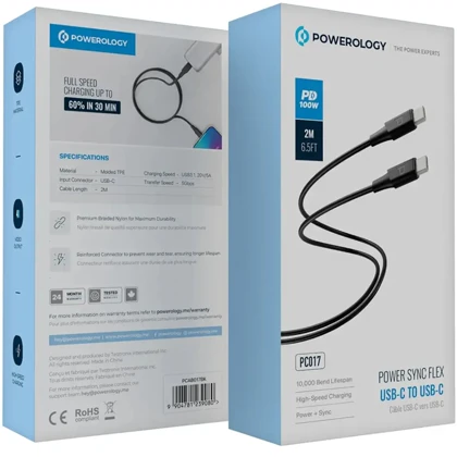 کابل شارژ تایپ‌سی به تایپ‌سی 100 وات 2 متری پاورولوژی Powerology PCAB017BK PC017