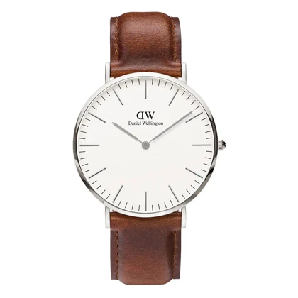 ساعت دنیل ولینگتون مردانه نقره ای بند چرم قهوه ای DW-4100-G