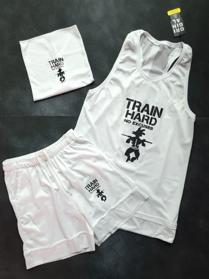 ست 3تیکه رکابی و شلوارک و اسکارف train hard