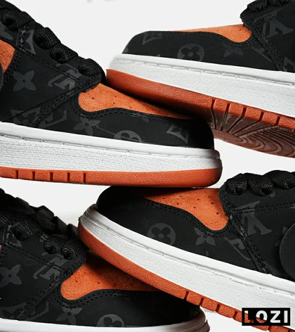 کفش کتانی مردانه و زنانه مشکی نارنجی NIKE jordan 1 x LOUIS VUITTON مدل 7182