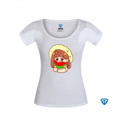 تیشرت ضدتعریق زنانه سفید طرح دختر بچه کلاه زرد