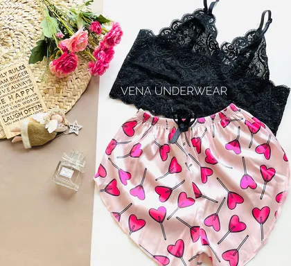 لباس خواب ساتن دو تکه طرح قلب