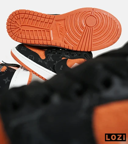 کفش کتانی مردانه و زنانه مشکی نارنجی NIKE jordan 1 x LOUIS VUITTON مدل 7182