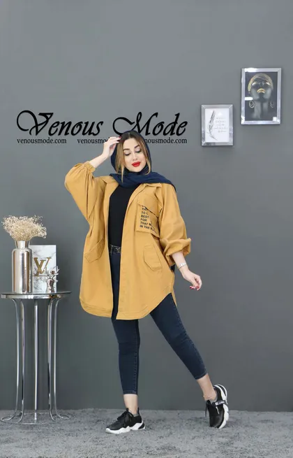 مانتو جین رنگی جیب چاپی