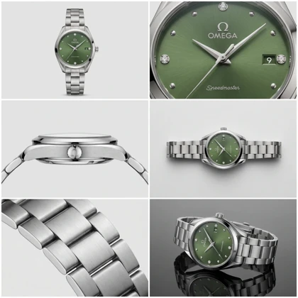 ساعت مچی زنانه امگا SPEEDMASTER مدل OMEGA-5963 نگین‌دار صفحه سبز یشمی بند استیل نقره‌ای