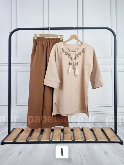 ست تونیک و شلوار لینن یقه گلدوزی